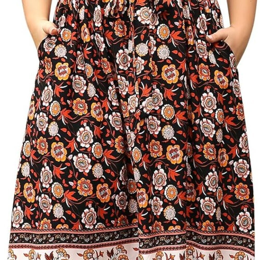 Plus Size Boho Short Sleeve Flared Dress with Pockets Casual Summer
